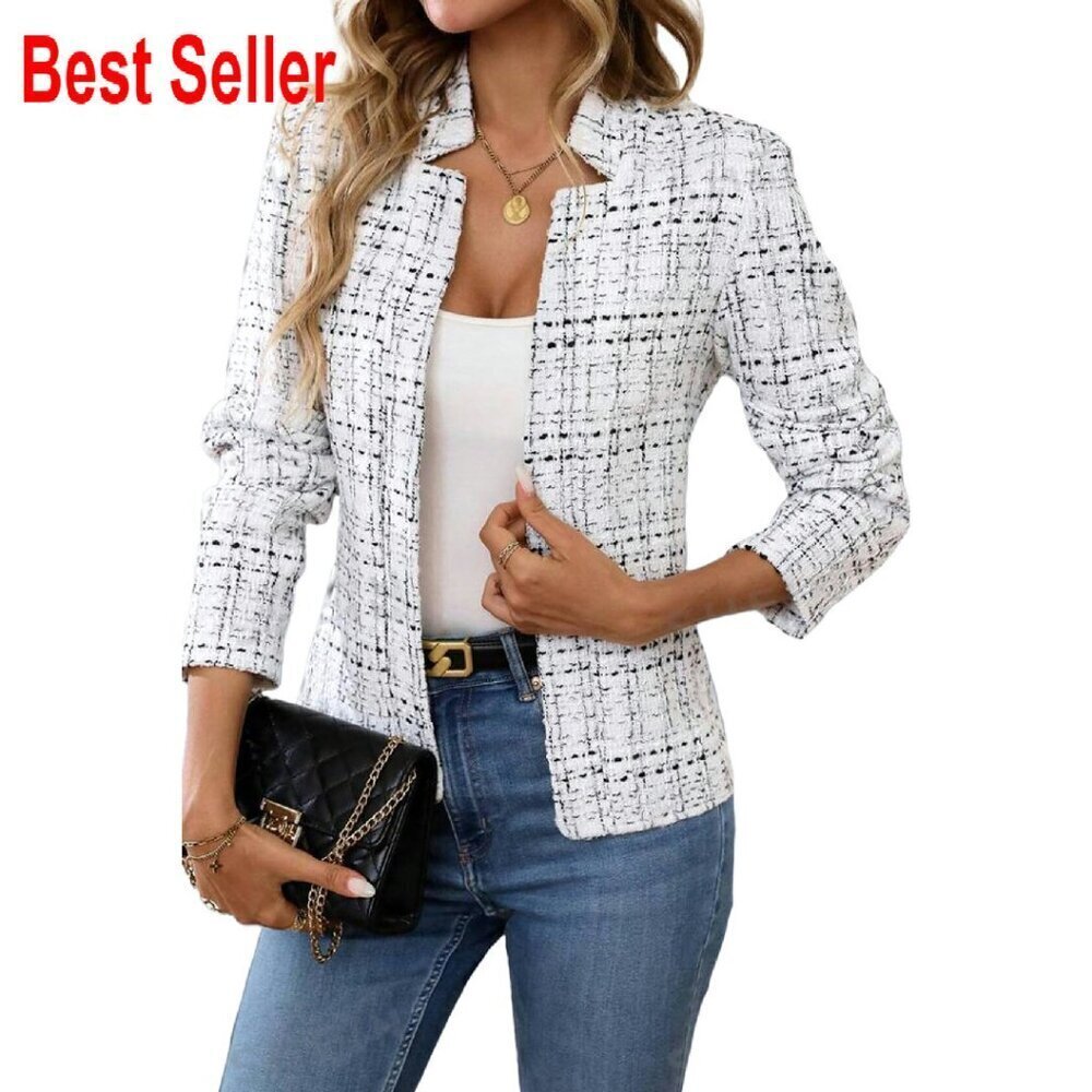 Tweed Blazer Long Sleeve Notch Collar Elegant Work Office Chic Slim Fit